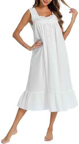 AVIIER 100% Cotton Nightgowns for Women Sleeveless Sleep Dress Ladies Gowns Sleepwear with Pockets (White, Large)