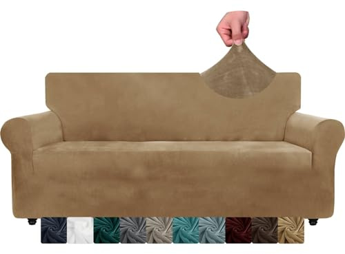 CHELZEN Samt Couchbezüge 3-Sitzer Dicke Stretch Sofa Bezüge für Hunde Haustiere rutschfeste Sofa Slipcover Waschbare Möbel Schutz für Wohnzimmer (3 Sitzer, Kamel)