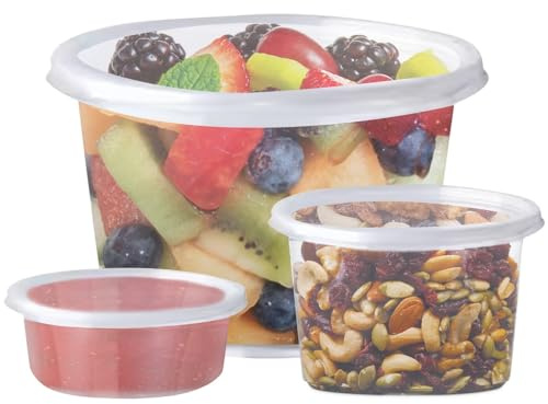 Concept4u Pots en plastique réutilisables | Récipients alimentaires ronds en plastique | Petits pots à sauce avec couvercles | Tasses à sauce à emporter | 450 ml - Lot de 50