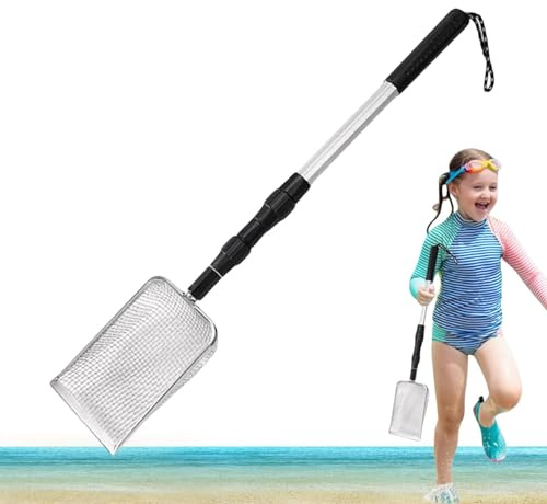 Tamis à sable avec pelle de plage, tamis à dents de requin pour la plage | Louche à sable avec manche long pour trouvailles de plage | Pelle de plage avec dent de requin en méta