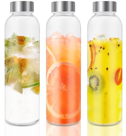 Viceda 3 botellas de vidrio con tapas, botellas de vidrio herméticas de 500 ml con tapas a prueba de fugas, botellas de vidrio reutilizables, botellas de vidrio transparente para agua, leche, jugo y