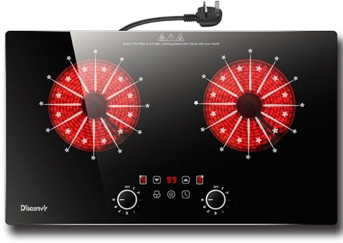 Disaenvir Portable Ceramic Hob 2 Zone, 3200W Plug in Electric Hob with Safety Lock & Knobs & Touch Control, 60cm Built-in Cooktops for Hot Pot with Dual Zone, 9 Power Levels, 4 Hour Timer, 220-240V