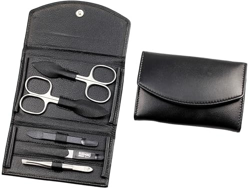 Maniküre Set - 5 teiliges Nagelpflegeset - Nagelschere, Hautschere, Nagelfeile, Pinzette und Doppelinstrument - Echtes Nappa-Lammleder Manicure Etui (Schwarz)
