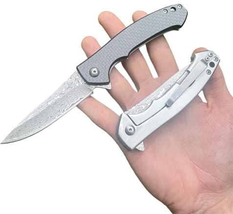 Obespina Couteau Pliant Poche Damas Framelock Acier 67 Couches VG10 Damascus lame Tranchante Manche Carbone Collection Cadeau Homme léger camping clip forge artisanat edc
