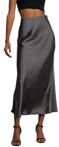 ORANDESIGNE Falda Raso Mujer Falda Larga de Satén Falda de Cintura Alta Elegante Falda Cintura Elástica de Seda Midi Falda de Noche Office Cócteles Negocios Verano Gris Oscuro S