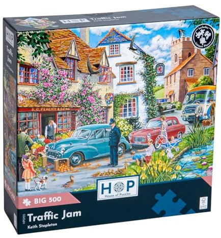 The House of Puzzles Traffic Jam, Big 500 Piece Jigsaw | Extra Large Pieces, Artist Illustrated, Scenic Landscape, Deluxe Puzzle Gift for Adults