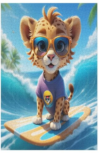 1000-teiliges Puzzles, Surf Gepard -Puzzle Für Erwachsene Kinder,Holzbrettpuzzle,Erwachsenenpuzzles,Geschenke （78×53cm）