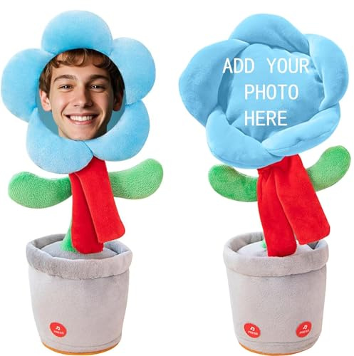 Dancing Flower with Custom Face,Custom Dancing Talking Sunflower Toy,Repeats What You Say Sings Mimicks Records Songs,Personalized Funny Gifts for Birthday& Festival (Battery-Blue)