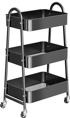 StowBin 3 Tier Metal Storage Trolley with Wheels – Rolling Utility Cart with Handle and Mesh Shelves for Kitchen, Bathroom, Office – Black