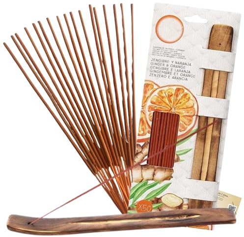 CYNENYC Incienso Natural Jengibre y Naranja, 50 Varillas Premium Aromaticas Relajantes, Quemador Artesanal de Madera Incluido, Hecho a Mano, Larga Duración, Meditación, Aromaterapia.