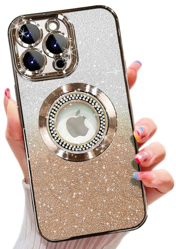 Misscase Glitter for iPhone 13 Pro Max Magnetic Case,Cute Full Protection Slim Shockproof Anti-Scratch Bling Sparkly Case with Camera Lens Protector, Logo View Dust-Proof Net for Women Gold