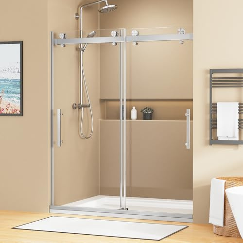AVKENOEDY Shower Door, 60 W x 74 H Frameless Shower Door,Double Sliding Shower Door with Premium 1/4 (6mm) Thick Tempered Glass, Stainless Steel, Brushed Nickel