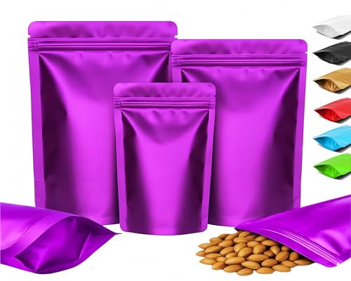 Plaphy 100 Bolsas Doypack Mylar,Bolsas Aluminio Herméticas(Morado,10x15cm) | Bolsas Stand Up con Cierre Zip, Bolsas de Embalaje para Alimentos, Caramelos, Especias, Café y Té, Uso Doméstico y Comercial
