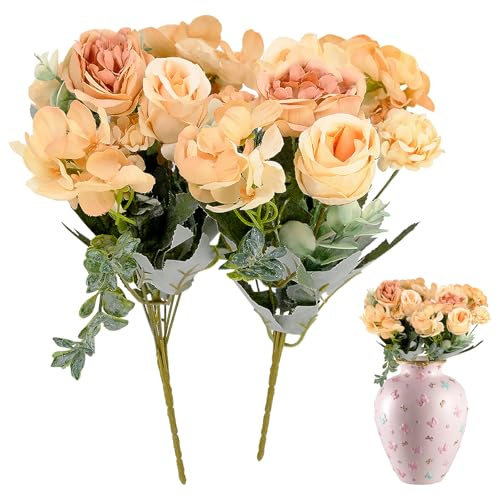 YHSKJCD 2 mazzi di rose artificiali, peonie rosa, fiori artificiali, ortensie finte, bouquet di fiori di seta per casa, matrimoni, feste, decorazioni