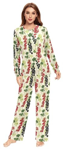 Conjunto de pijama para mujer de 2 piezas, color rojo, negro, blanco, fruta, beige, color grosella, Grosella, rojo, negro, blanco, fruta, beige, M