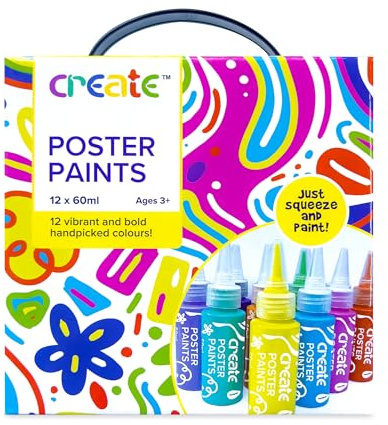 Create Poster Paint Set 12 pcs - 60 ml Washable Pigmented Colors for Paper, Card and Crafts - Bright Water Based Paints for Home, School and Studio - Holiday Art Supplies and Season Gift List