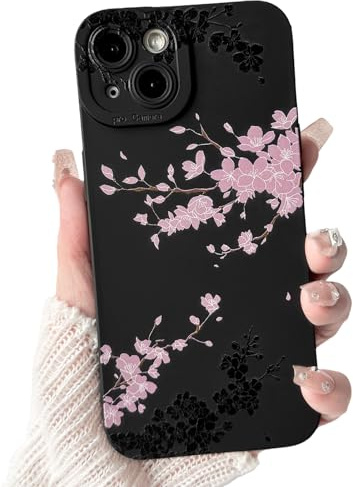 NITITOP Cover per iPhone 15 Carina Fiore Ciliegio, Nero Rosa | per Ragazze Femminile, Motivo Floreale di Grazioso Sakura, Custodia In Silicone Resistente Antiurto, Protezione Fotocamera