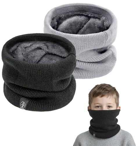 SEFIRST 2 Stück Winter Halsschlauch Schal Kinder, Schlauchschal Kinder, Loop Schal Halswärmer Nackenwärmer Gesichtsschal, Winddichte Thermo, Fleece Rundschal für Ski Fahrrad Joggen, Schwarz Grau