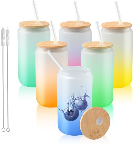 YFNVH Lot de 6 Gobelets en Verre Canette 500ml Vierges pour Sublimation, Verres Givrés Dégradés avec Couvercle en Bambou et Paille, Tumbler pour Café Glacé, Smoothie et DIY - Multicolore