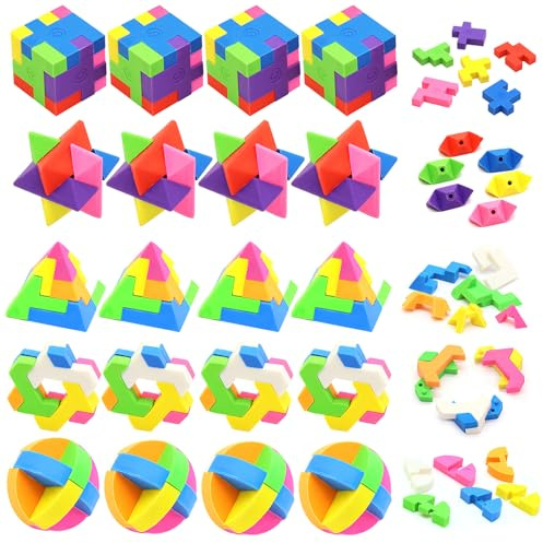 Puzzle Radiergummi 20 Stück Mini Würfel Radiergummi Kinder Spielzeug Set - 5 Abnehmbare 3D Formen in Bunt - Lernspielzeug für Schule & Mitgebsel Kindergeburtstag