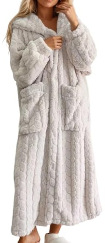 EQWIGKEIT Bata de mujer ligera kimono acogedora pijama invierno Bathrobe largo cálido albornoz suave sauna con capucha mullida manga larga albornoz de franela con capucha, Blanco, M