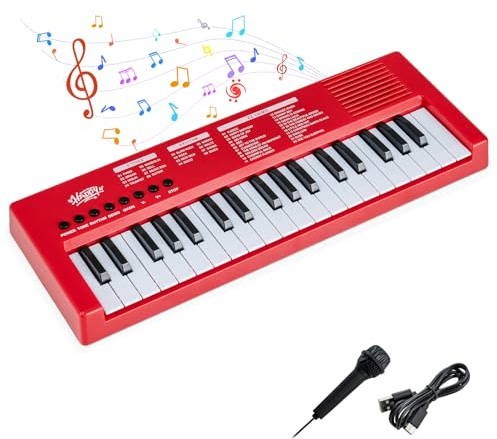 COSTWAY Clavier Piano Enfants 37 Touches avec Microphone, Piano Numérique Portable avec 8 Rythmes, 8 Tonalités, 22 Démos, Haut-parleurs, Jouet Musical Éducatif pour Garçons Filles 3 Ans+ (Rouge)