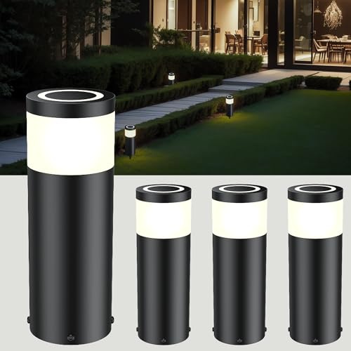 JNR 4 Pack Edelstahl Wegeleuchten Außen mit Erdspieß 230V, Schwarz 4 Pack | IP65 Wasserdicht, Höhe 290 mm 5w 3000k warmweiß COB LED, Wegleuchte, Gartenbeleuchtung, Gartenlampen, Gartenleuchten