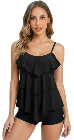 Tankini Sets for Women UK, 2 Piece Plus Size Swimwears for Women - Tankini Top and Tankini with Shorts, Women's Tankinis Swimming Costume for Beach Bathing Summer Surfing Sport Swim Suits (Black)