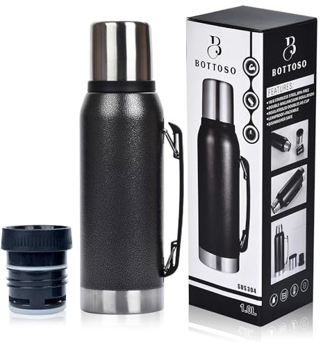 BOTTOSO Termo para Mate y Café de 1 Litro | Acero Inoxidable Doble Pared con Aislamiento Térmico 24 Horas | Botella Hermética con Pico Cebador de Precisión (Negro)