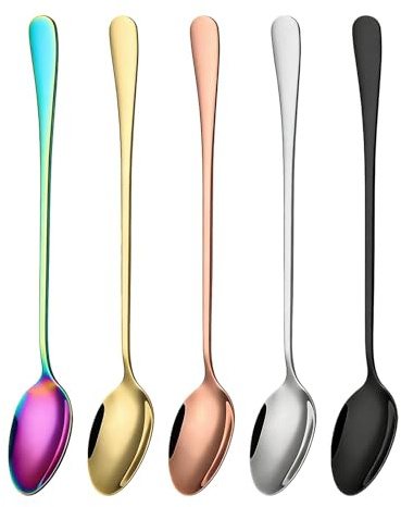 5 PCS Sundae Spoons, Long Handle Teaspoon for Ice Cream Sundae Dessert, Latte Spoons, Long Teaspoons for Coffee, Espresso (Silver, Gold, Rose Gold, Rainbow, Black)
