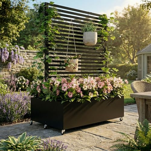 BIXUYOU Jardinera elevada de Metal con Ruedas, Jardinera Independiente para Exterior con Enrejado y privacidad, para Flores y Verduras en jardín, Patio y balcón