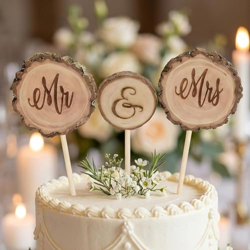 Wedding Cake Topper Set of 3 - Rustic Wooden Mr & Mrs Cake Decorations for Wedding, Just Married Cake Sign with & Symbol - Elegant Wedding Cake Decor