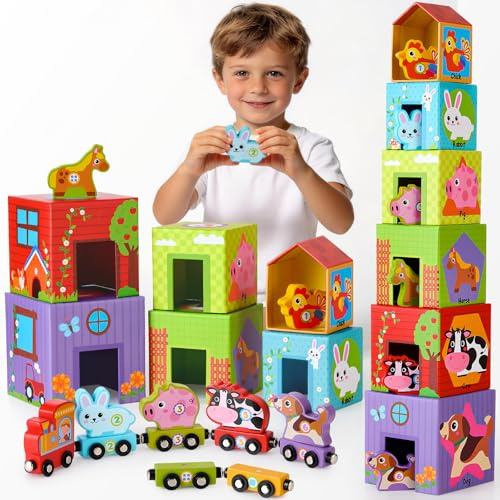 Atoylink Farm Stapelturm Baby, Montessori Stapelspiel Bauernhof Spielzeug | 6 Stapelwürfel & 6 Bauernhoftieren & 6 Holz Eisenbahn Kinder, Lernspielzeug Motorikspielzeug Geschenke für Kinder