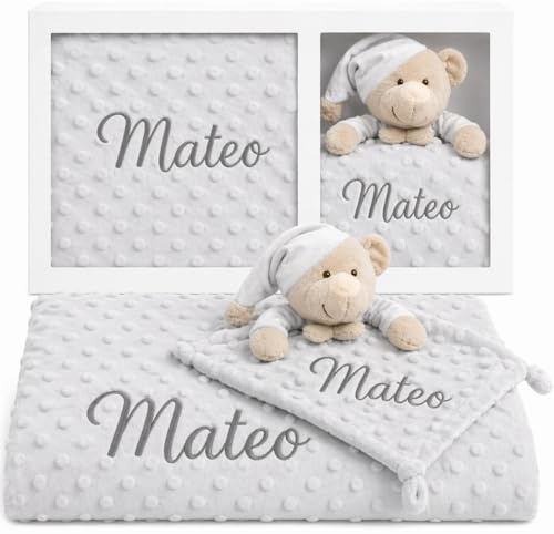 mibebestore Pack Manta Bebé Personalizada con Nombre con Doudou Bordado Regalo para Recién Nacido Niño o Niña Mantita Minky Suave 80x100 cm Dou Dou 25x25 cm para Cuna Coche - Oso Gris