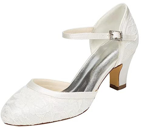 Emily Bridal Brautschuhe Damen Spitze Satin Stiletto Pumps Sandalen, 37 EU, Ivory