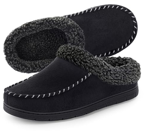 ULTRAIDEAS Men's Warm Fuzzy Moccasin Clog Slipper, Slip on Winter Comfy Indoor/Outdoor House Shoes(Black, 9-10)