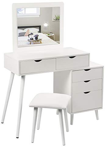 WOLTU Schminktisch mit Hocker und Spiegel, Kosmetiktisch mit 2 Schubladen und einem Nachttisch, Frisierkommode Spiegel Frisiertisch für Schlafzimmer, Weiß