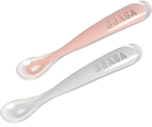 Béaba, Lot de 2 Cuillères en Silicone Bébé / Enfant 1er Âge, Dès 4 mois, Souple, Bout arrondi, Manche long et Ergonomique, Boite de transport incluse, Old pink