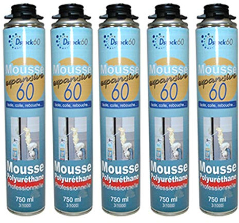 DSTOCK60 - LOT DE 5 MOUSSES PISTOLABLES - MOUSSE EXPANSIVE 750 ML - MOUSSE POLYURÉTHANE PROFESSIONNELLE - ISOLE, COLLE ET REBOUCHE - EXTÉRIEUR ET INTÉRIEUR