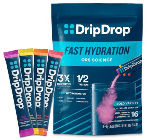DripDrop Hydration - Bold Variety Pack - Electrolyte Drink Mix Single Serve Hydration Powder Packets - Watermelon, Berry, Lemon, Orange | Non-GMO, Gluten Free, Vegan | 16 Sticks