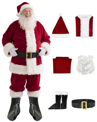 KLLOUZE Santa Claus Costume for Men 6PCS Velvet Santa Costume Professional Santa Suit Adult Men Santa Outfit Christmas Costume (Crimson 6pcs)