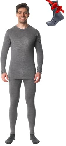 Merino.tech Herrunderkläder i 100 % merinoull, termiska ventilerande underkläder för män, merinoull underkläder, set med tröja och byxor i merinoull, M