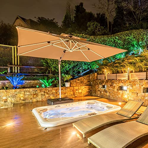 PURPLE LEAF 3 X 3 M Garden Cantilever Parasol with Led Solar Lights Bar, Large Square Overhanging Patio Umbrella with Crank Handle and Tilt for Balcony and Outdoor, Begie