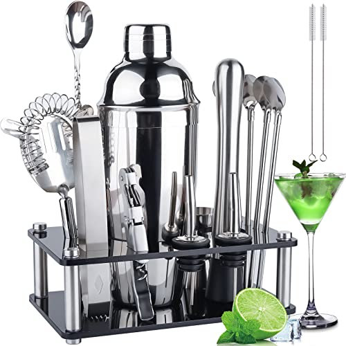 MUOIVG Shaker Cocktail Set 750 ML, 17 Pezzi Kit da Barman in Acciaio Inox, Professionale Kit Barman Completo, Set di Strumenti Bar con Mensola in Cristallo,Ricetta,per Casa, Bar e Feste,Regalo
