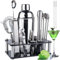 MUOIVG Shaker Cocktail Set 750 ML, 17 Pezzi Kit da Barman in Acciaio Inox, Professionale Kit Barman Completo, Set di Strumenti Bar con Mensola in Cristallo,Ricetta,per Casa, Bar e Feste,Regalo