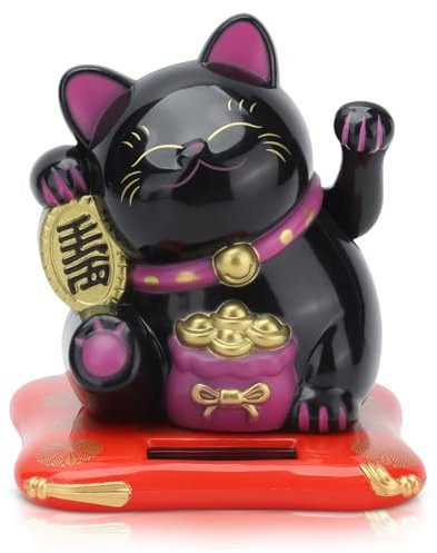 HERCHR Gatto di Benvenuto ad Energia Solare, Fengshui Braccio Oscillante del Gatto Portafortuna Decorazioni per Casa e l'Auto, 6,5 × 7 × 8 cm(Nero)