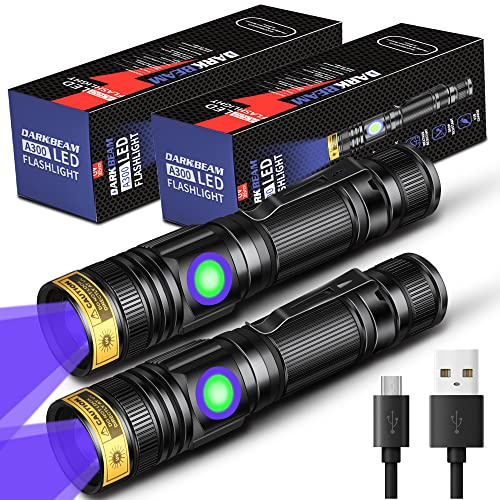 DARKBEAM UV 365nm Ficklampa Svartlampa Uppladdningsbar USB Wood's lampa Handhållen Ultraviolett Svart Ljus LED Bärbar, Detektor för husdjursurin, Härdning av harts, Uraniumglasdetektering, 2-pack