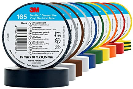 3M Temflex 165 Isolierband, Vinyl Schwarz, Blau, Braun, Grün, Grau, Orange, Rot, Weiß, Gelb, Gelb/Grün, 0.152mm x 15mm