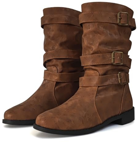 Dernolsea Women's Flat Mid Calf Boots, Pull On Buckle Ladies Pixie Slouch Boots Tan Size 7
