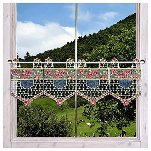 Spitzengardine Valessa mit Stiefmütterchen in rot aus Echter Plauener Spitze Feenhaus-Scheibengardine für Frühling und Sommer 27 x 55 cm